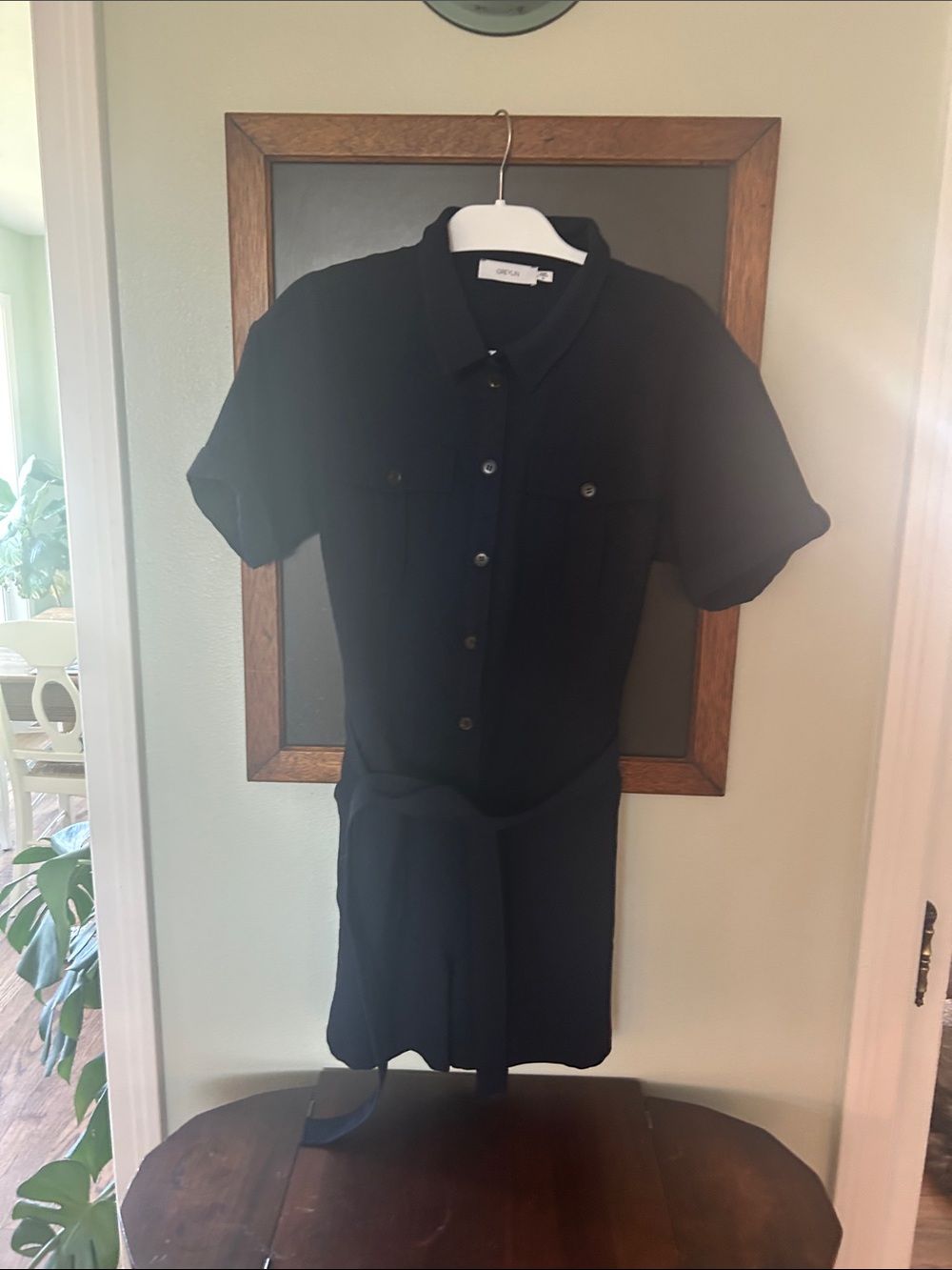 Greylin Navy Short-Sleeve Button Romper with Tie Waist Belt